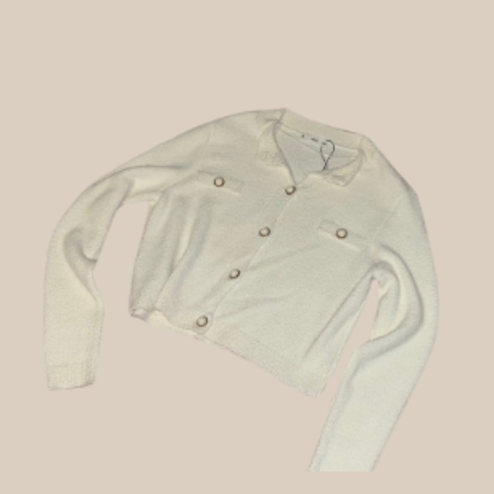 Knit Cardigan With White and Gold Buttons